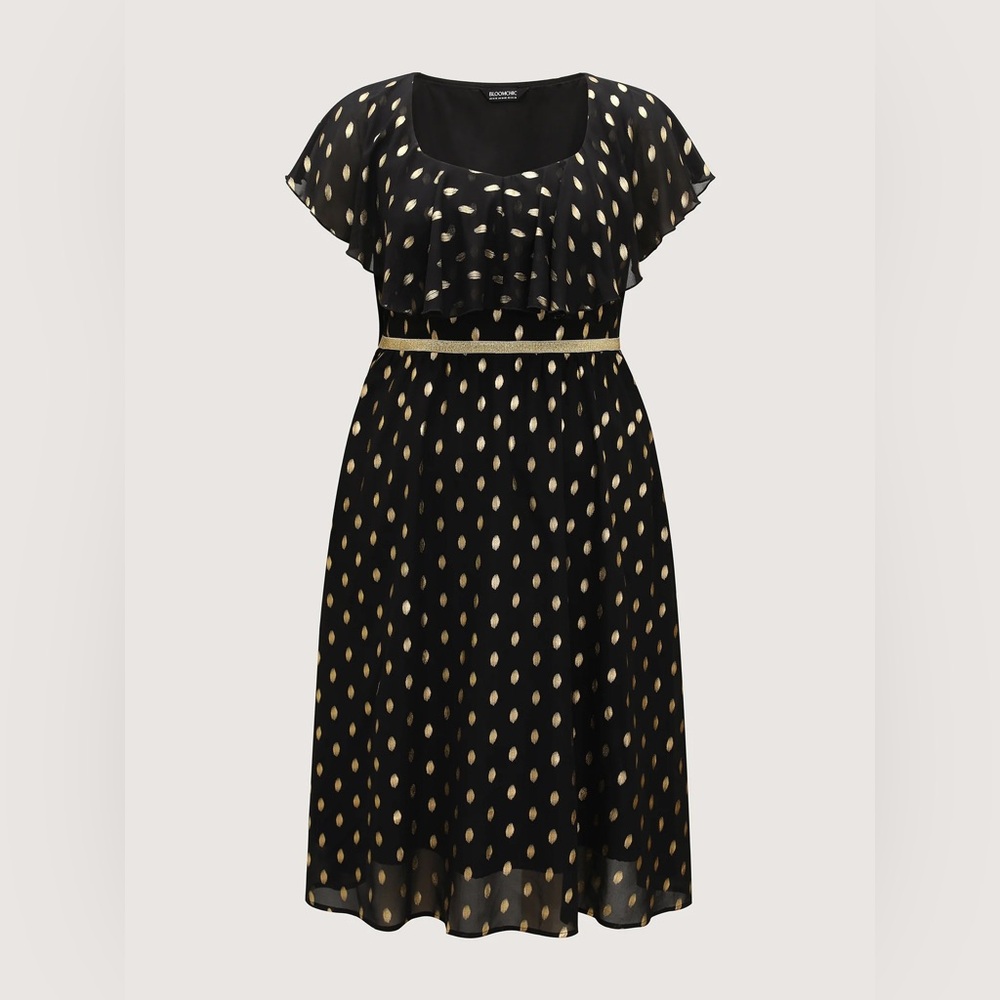 BloomChic Shimmery Polka Dot Stretchy Waist Midi Dress Black/Gold Plus Size - Picture 3 of 11